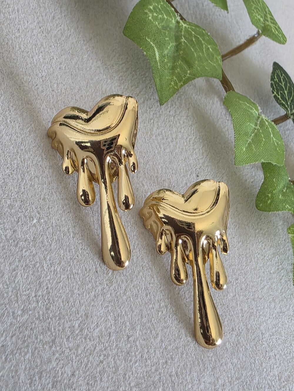 Gold Stainless Steel Melting Dripping Heart Statement Stud Earrings